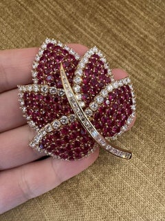 Estate Ruby & Diamond Articulated Leaf Brooch/ Pin in 18k Yellow Gold