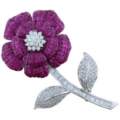 Estate Ruby Diamond Gold Florette Brooch