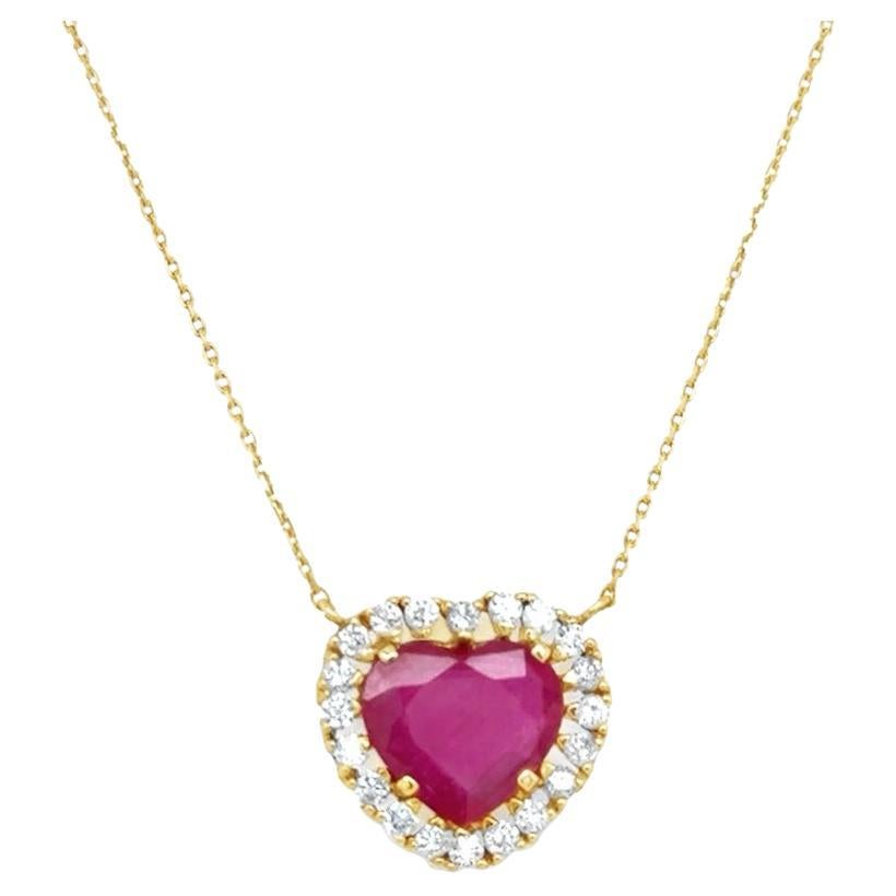 Ruby & Diamond Heart Shaped Pendant Necklace 18k Yellow Gold