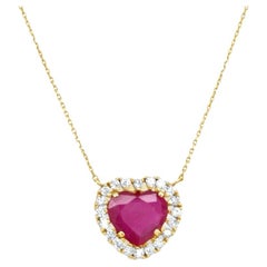 Ruby & Diamond Heart Shaped Pendant Necklace 18k Yellow Gold