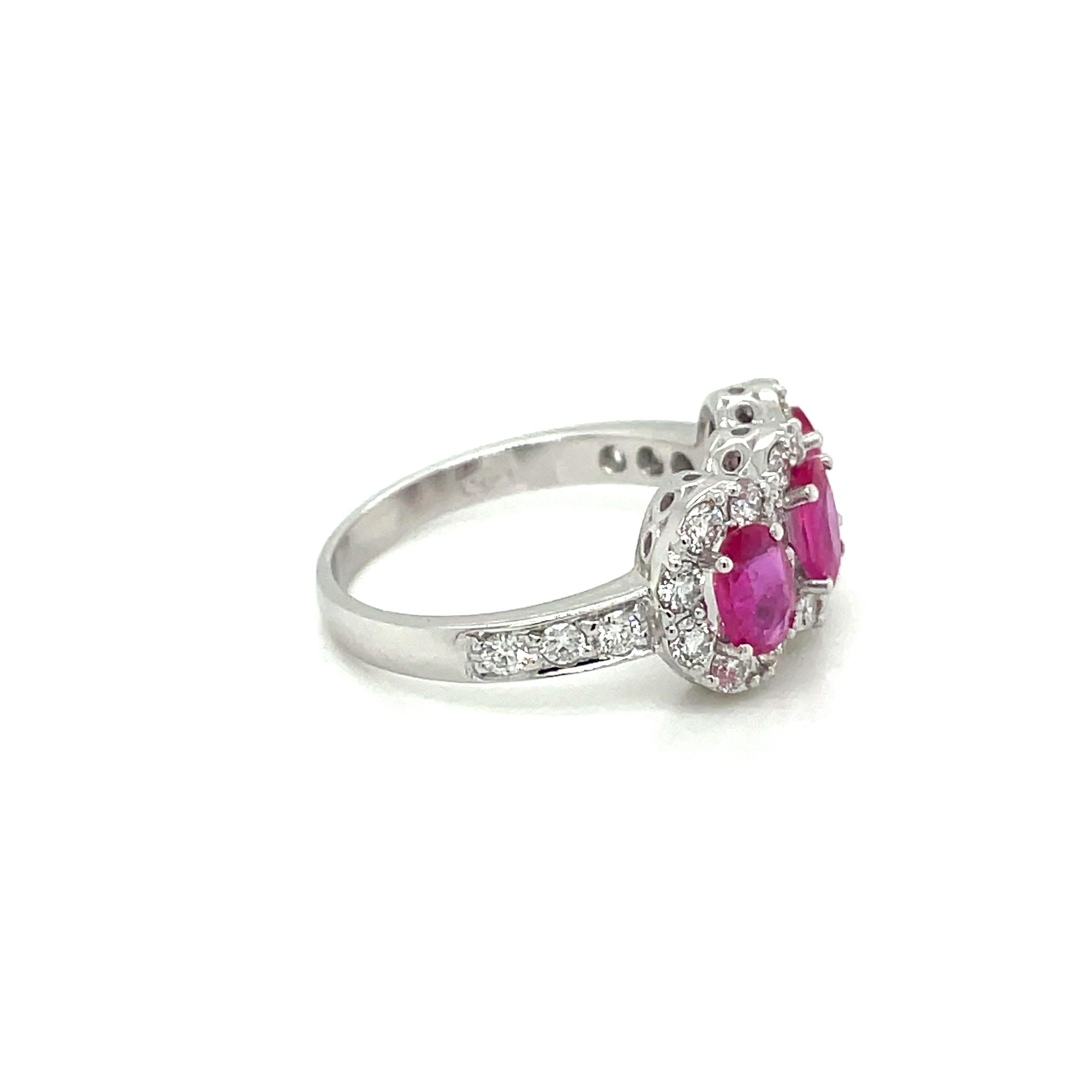 Oval Cut Estate Ruby Diamond Three Stone Engagement Ring For Sale