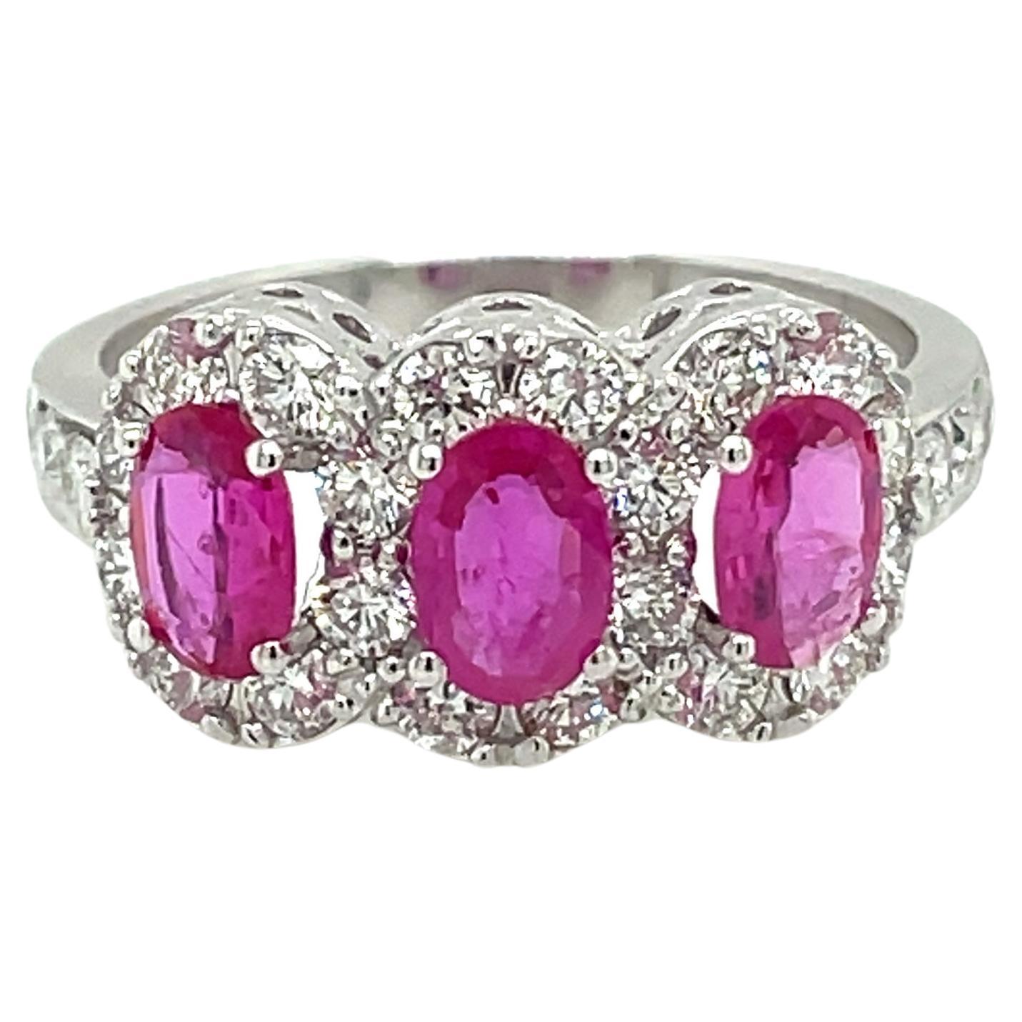 Estate Ruby Diamond Three Stone Engagement Ring For Sale