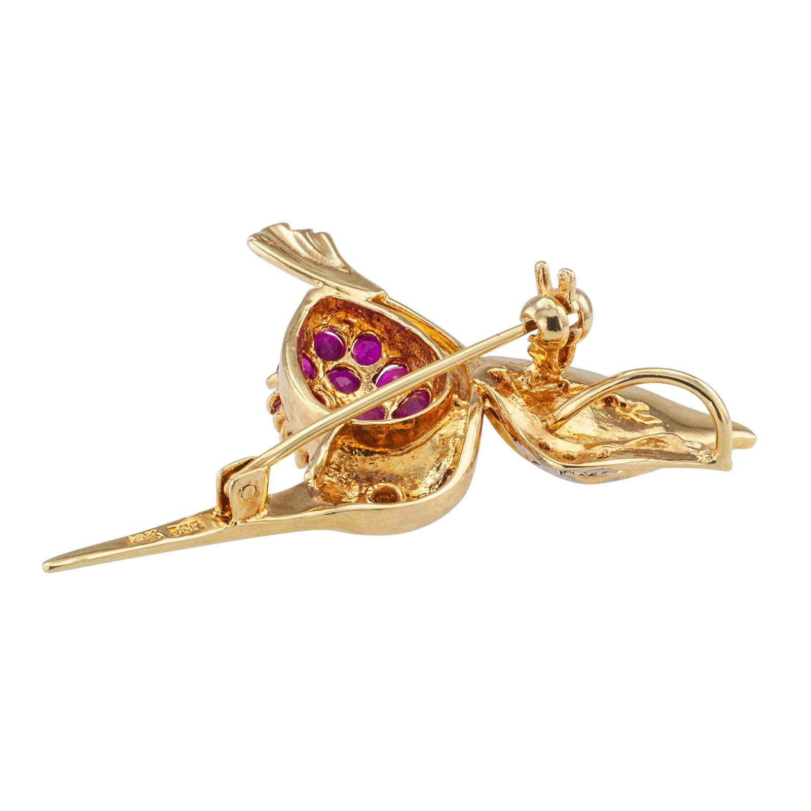 Contemporary Estate Ruby Diamond Yellow Gold Hummingbird Brooch Pendant