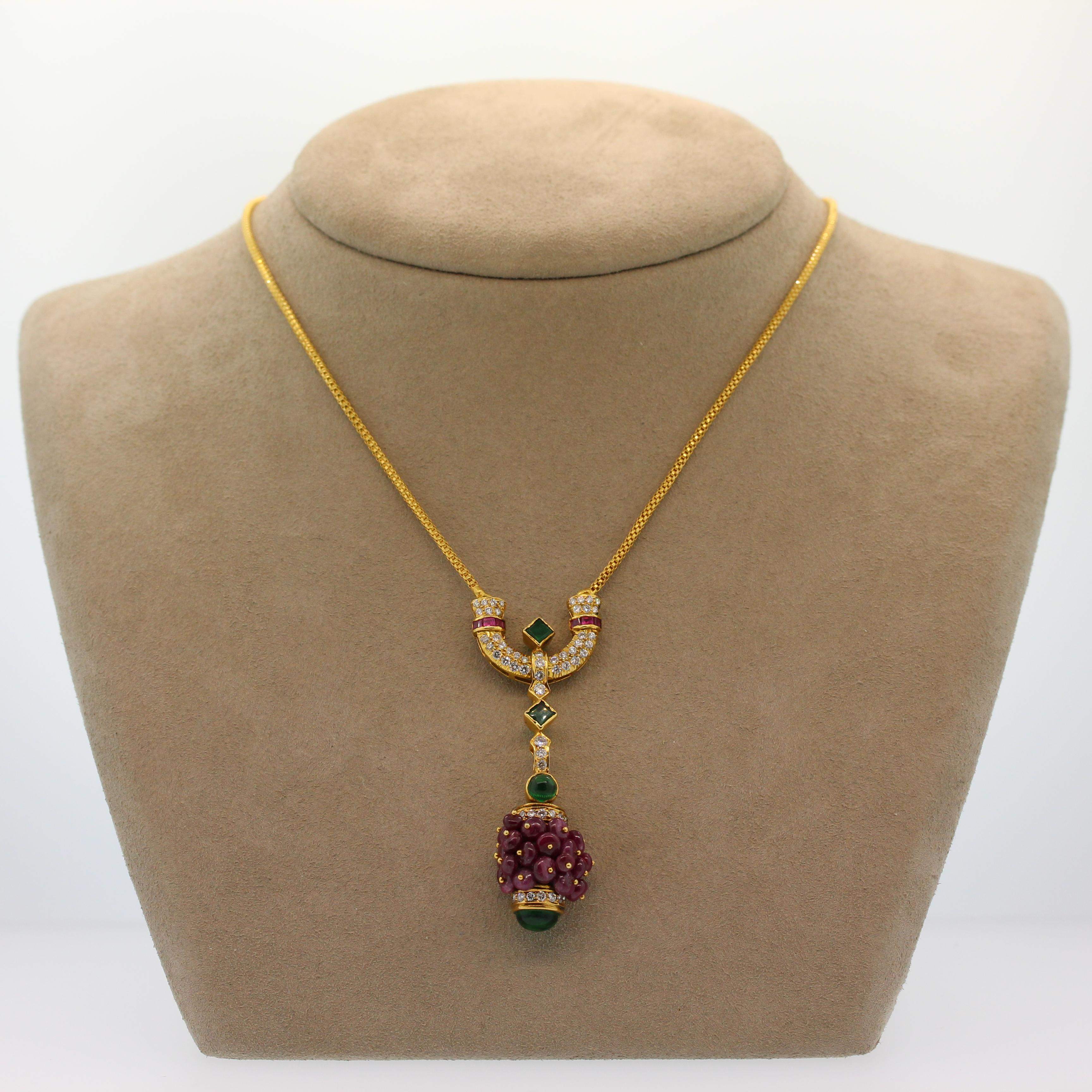 Estate Ruby Emerald Diamond Gold Drop Necklace In New Condition For Sale In Beverly Hills, CA