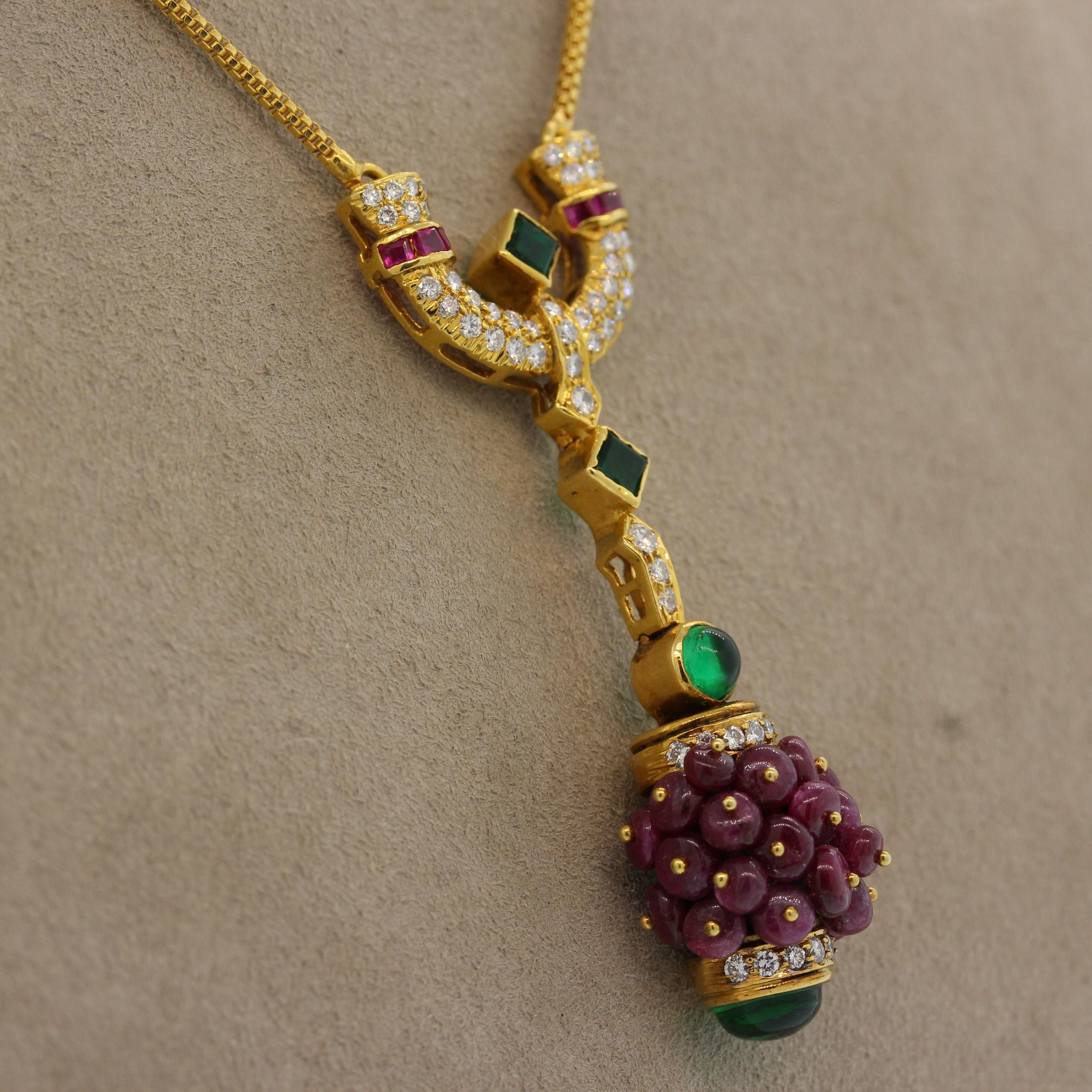 Women's Estate Ruby Emerald Diamond Gold Drop Necklace For Sale