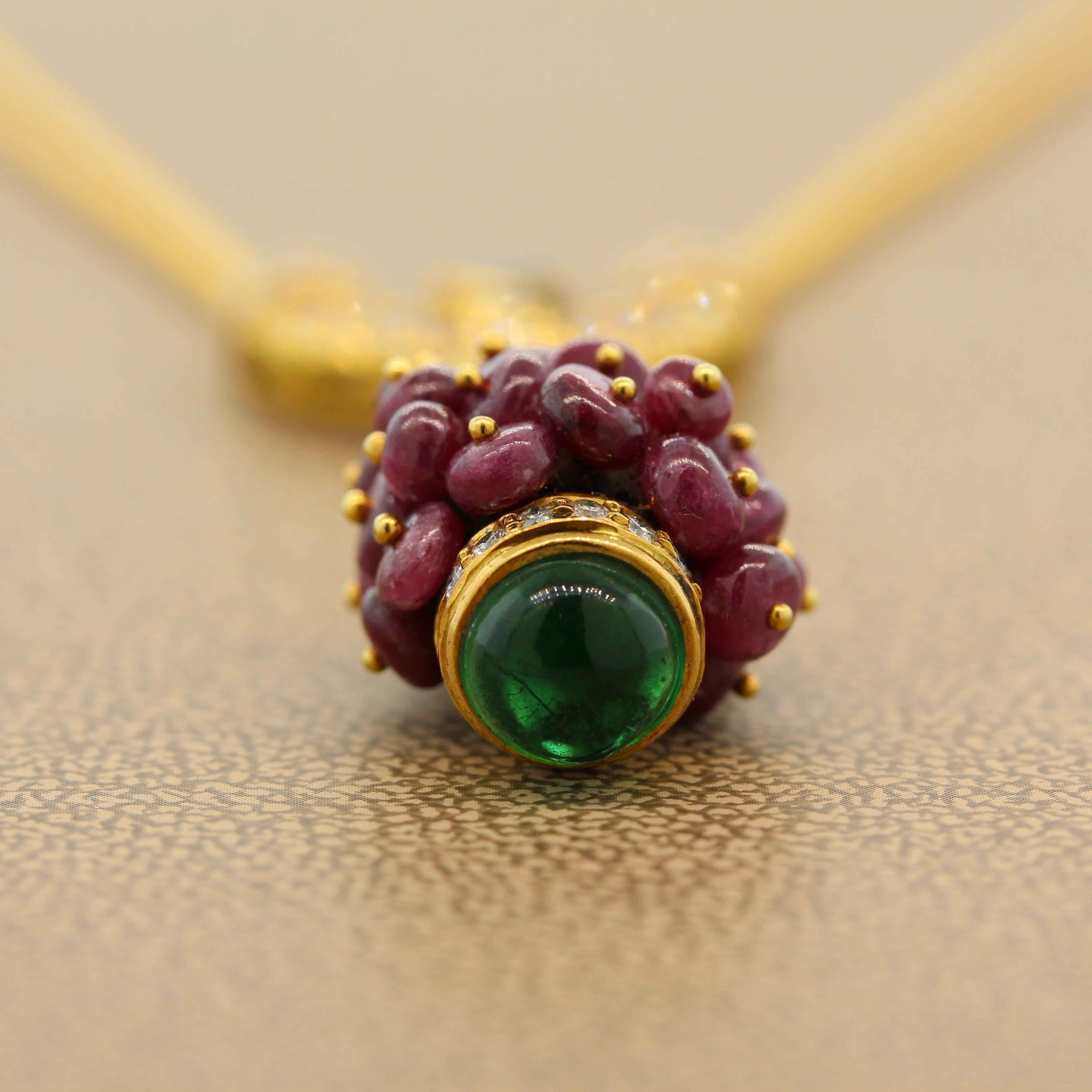Estate Ruby Emerald Diamond Gold Drop Necklace For Sale 2