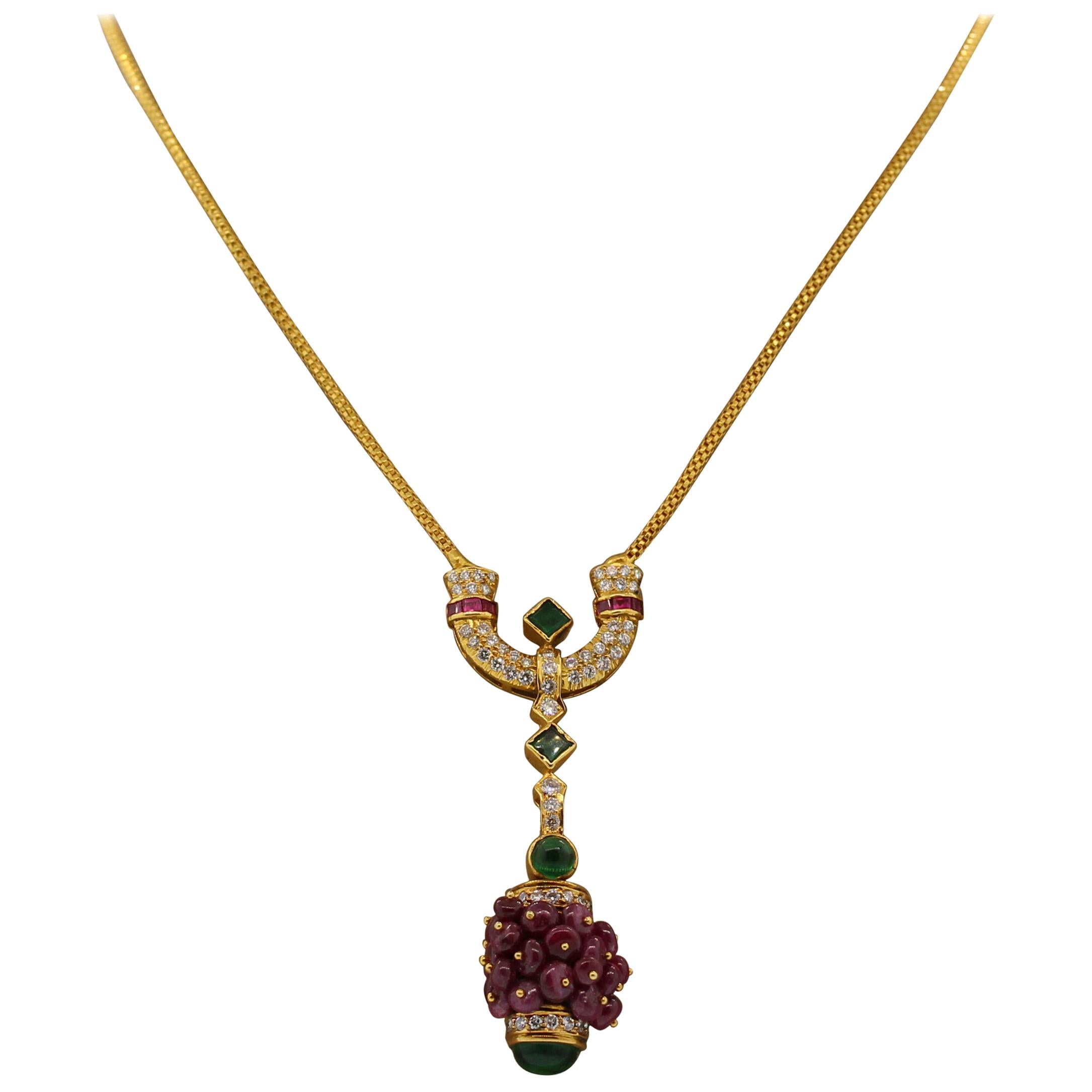 Estate Ruby Emerald Diamond Gold Drop Necklace For Sale 3