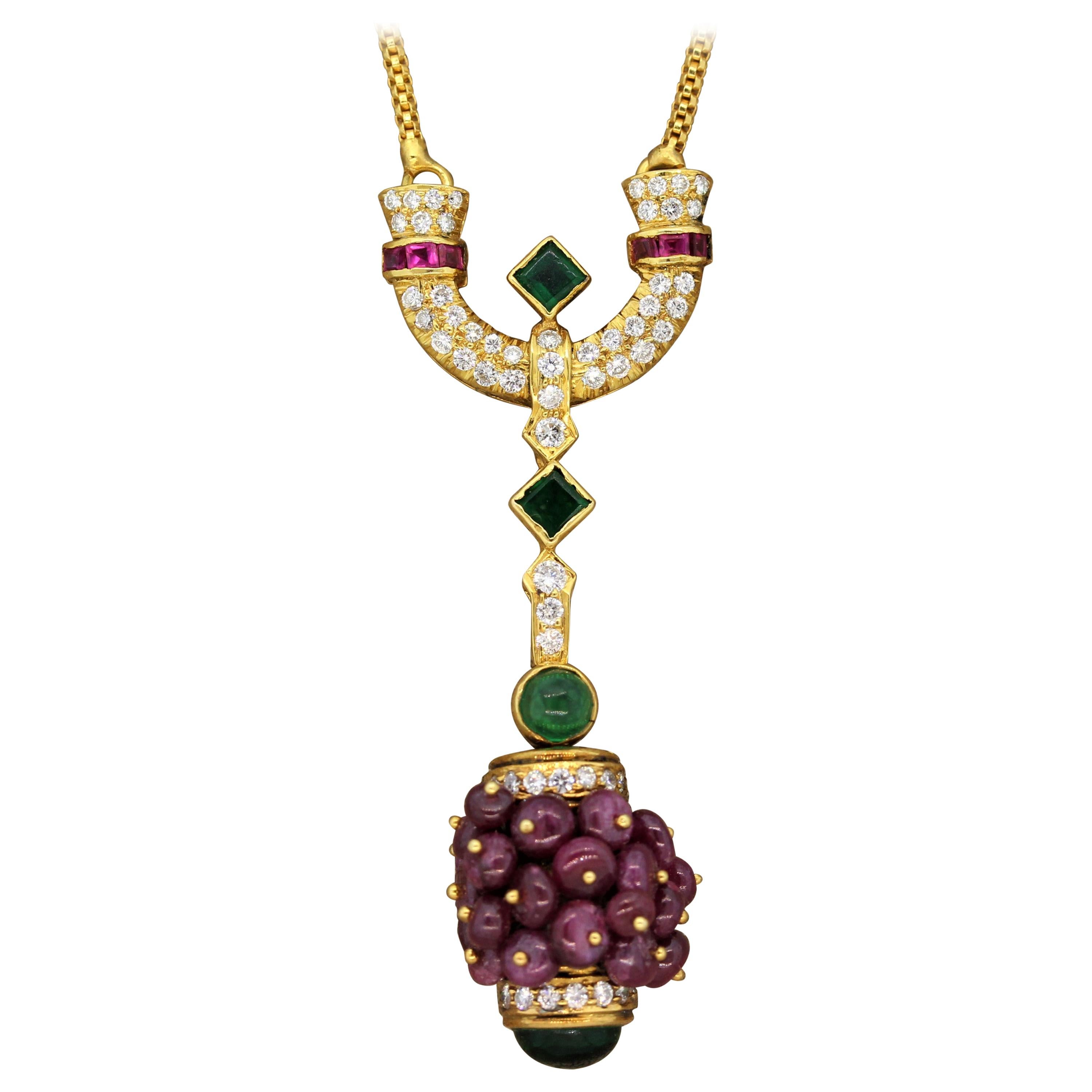 Estate Ruby Emerald Diamond Gold Drop Necklace For Sale