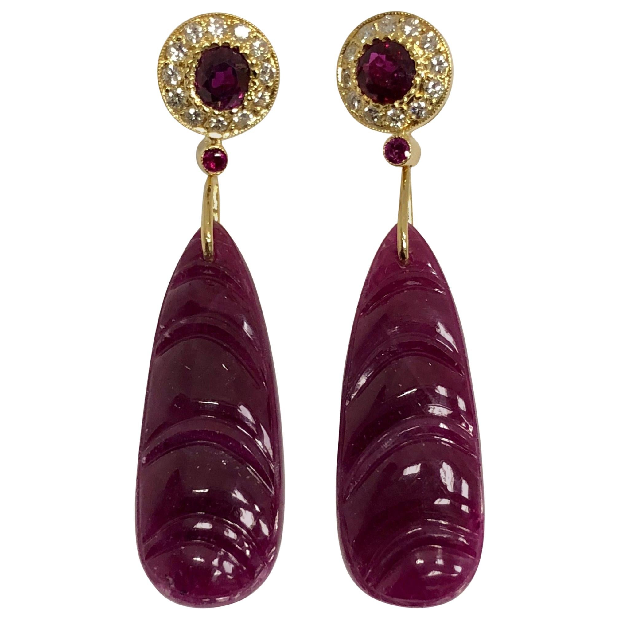 Estate Ruby Gold and Diamond Pendant Style Drop Earrings