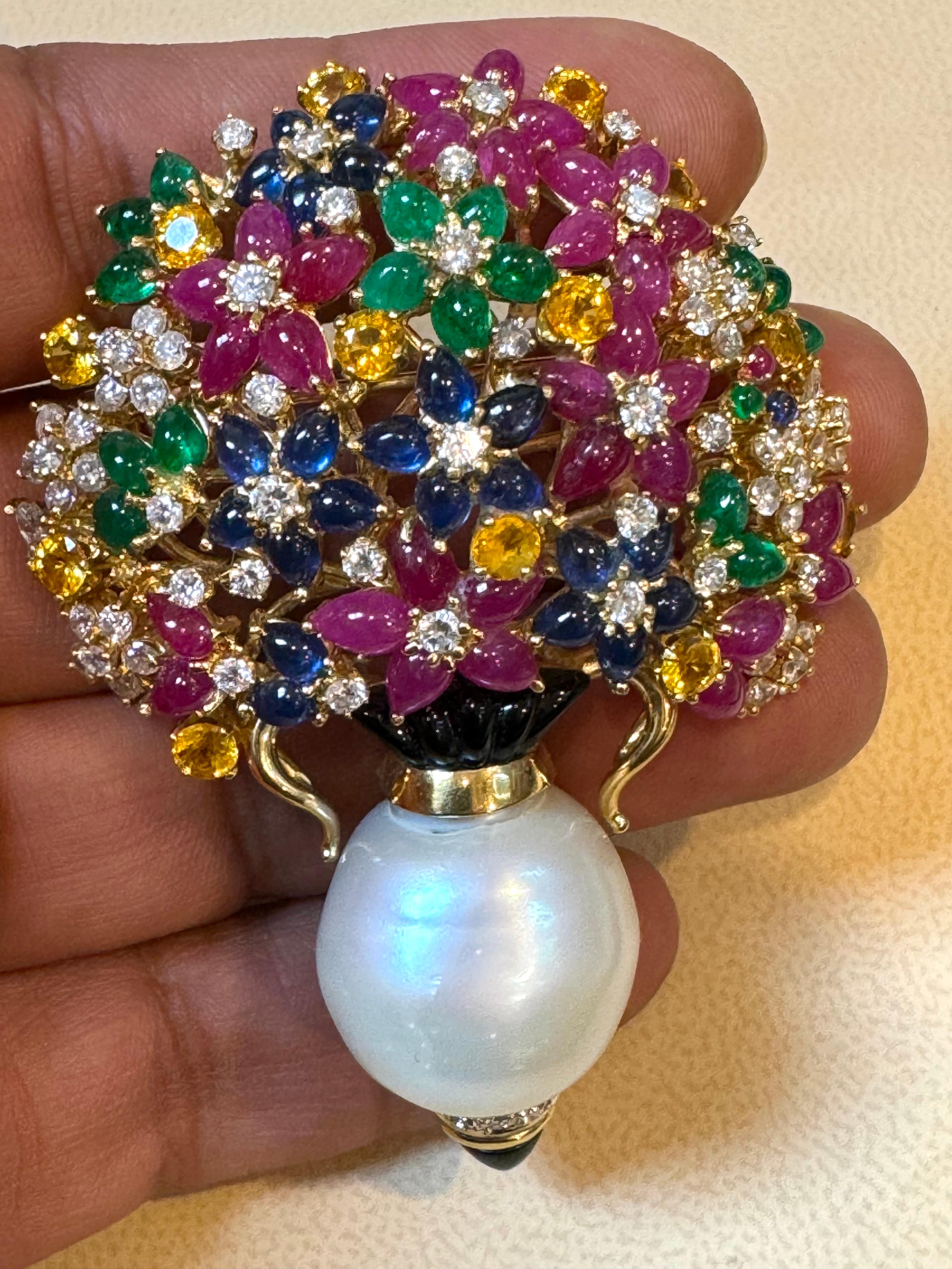Estate Ruby Sapphire Emerald Diamond & Pearl 18 K Gold Flower Basket Brooch/ pin For Sale 1