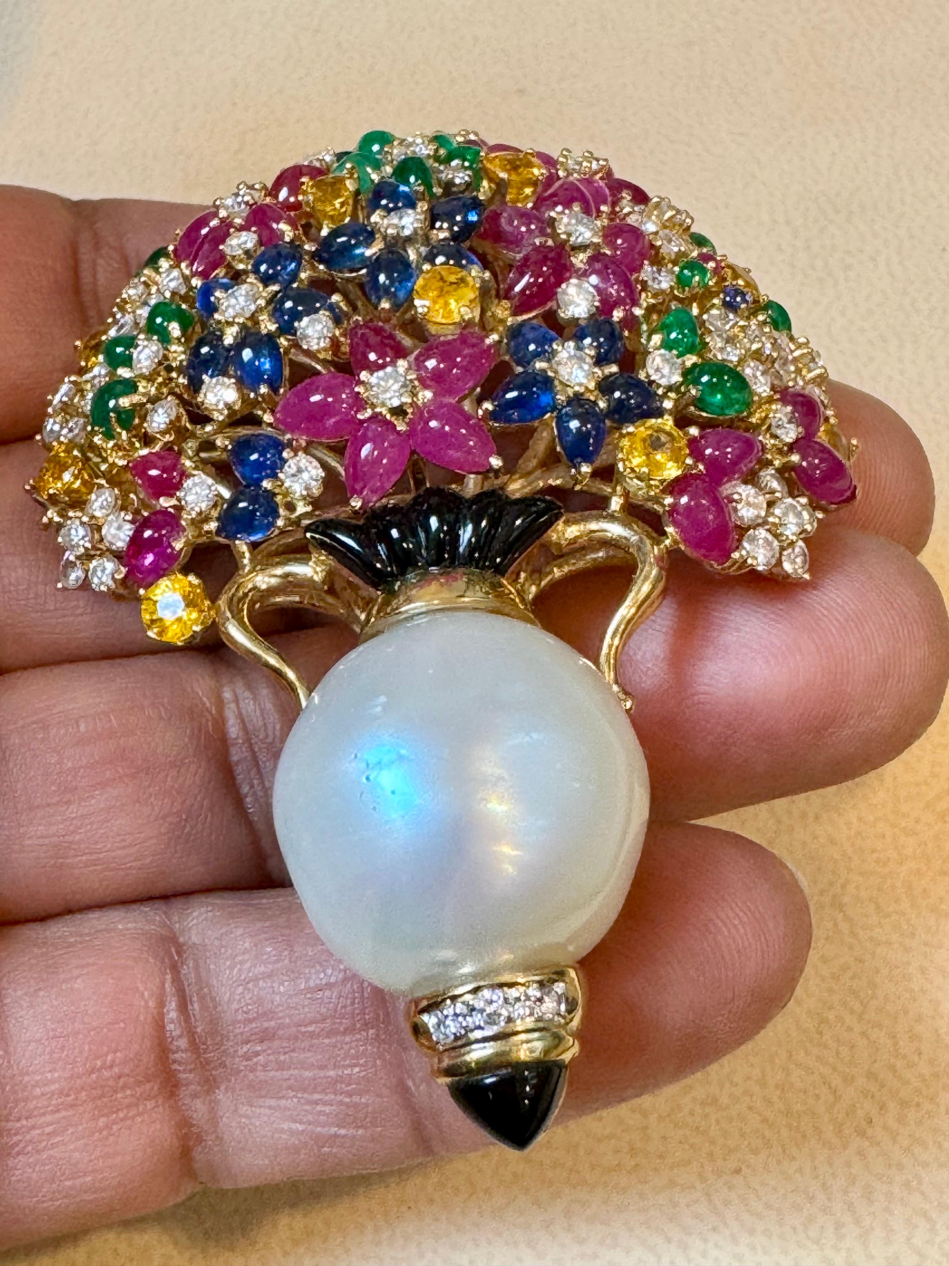 Estate Ruby Sapphire Emerald Diamond & Pearl 18 K Gold Flower Basket Brooch/ pin For Sale 2