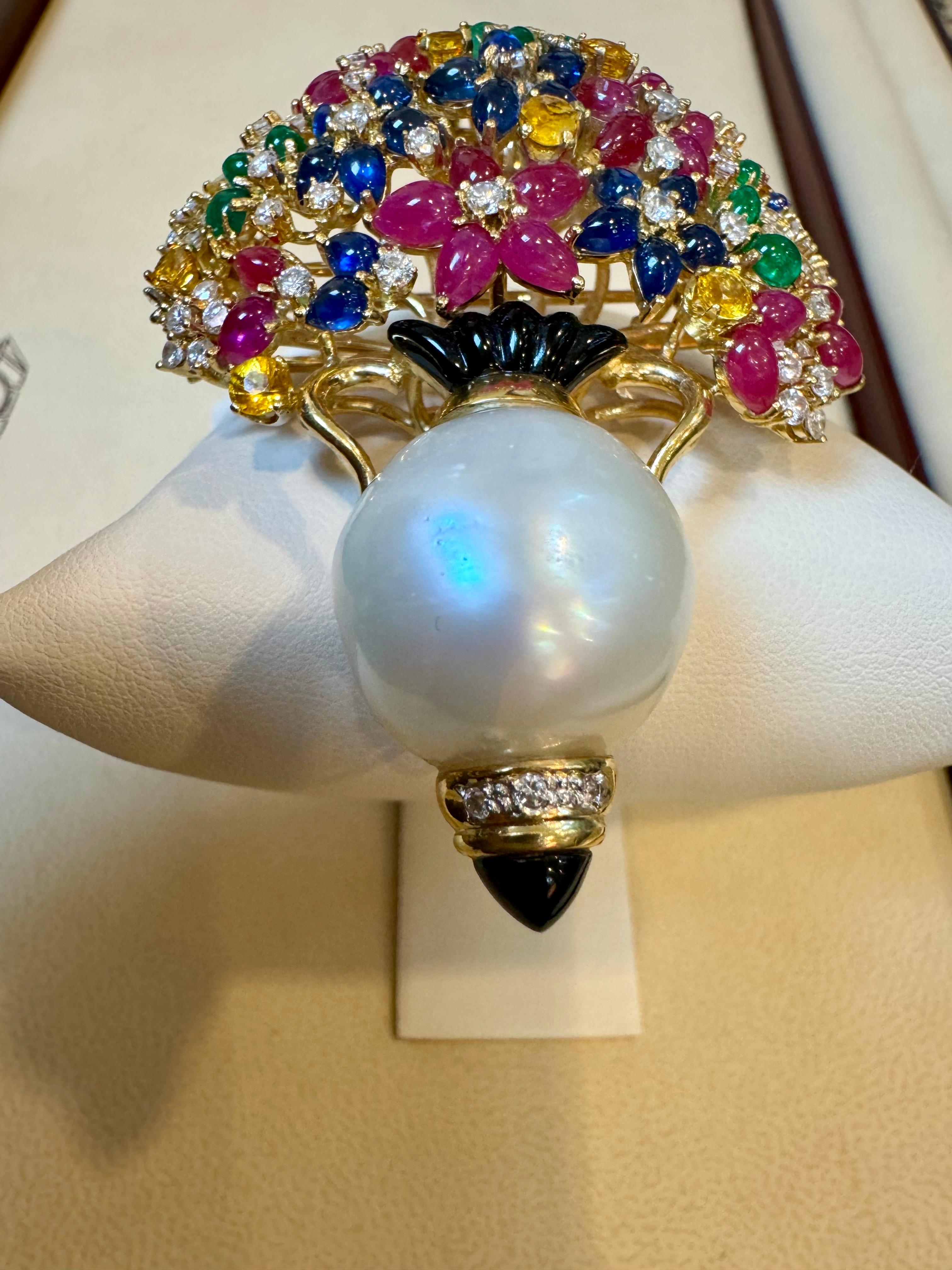 Estate Ruby Sapphire Emerald Diamond & Pearl 18 K Gold Flower Basket Brooch/ pin For Sale 3