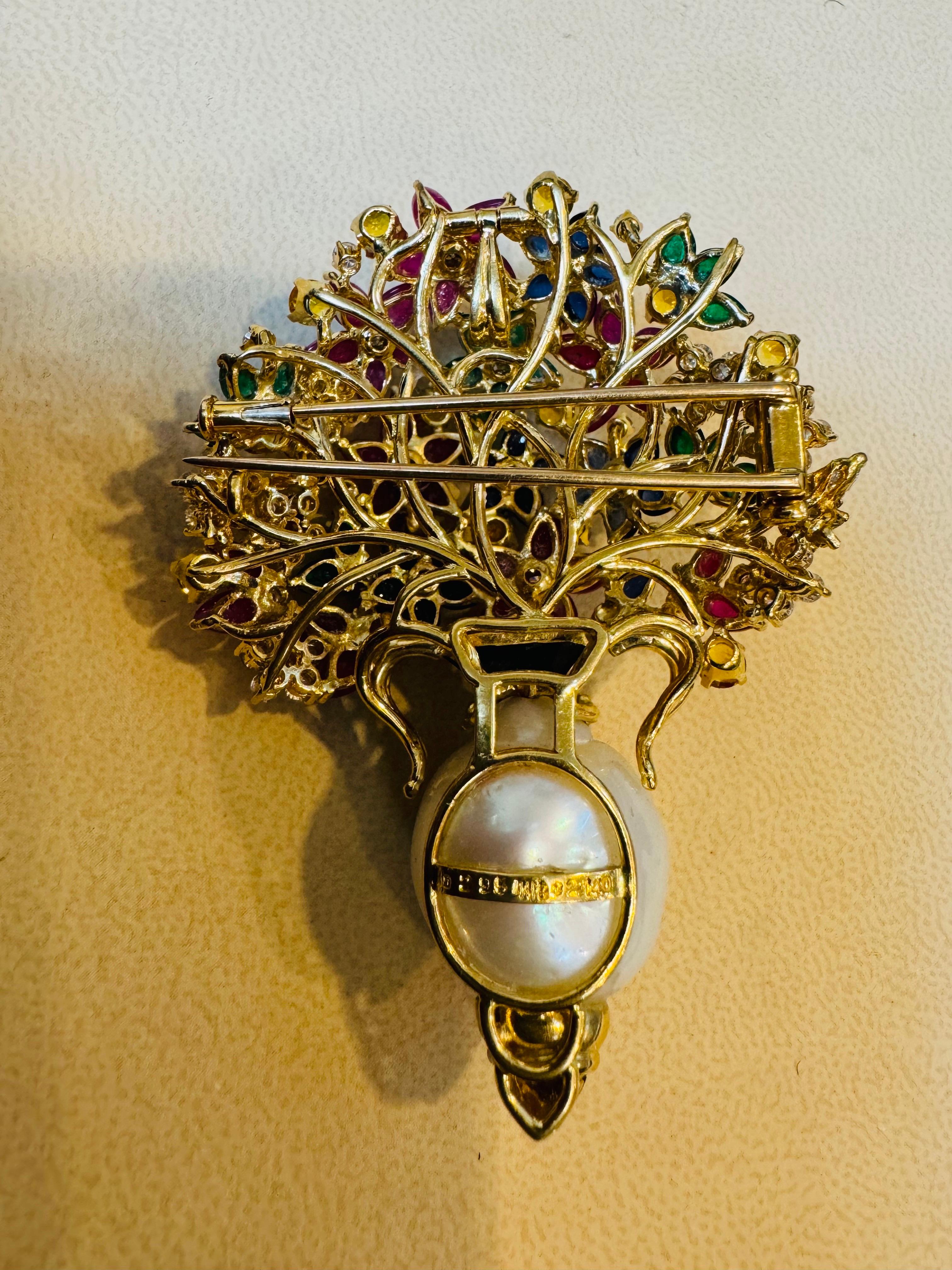 Estate Ruby Sapphire Emerald Diamond & Pearl 18 K Gold Flower Basket Brooch/ pin For Sale 4