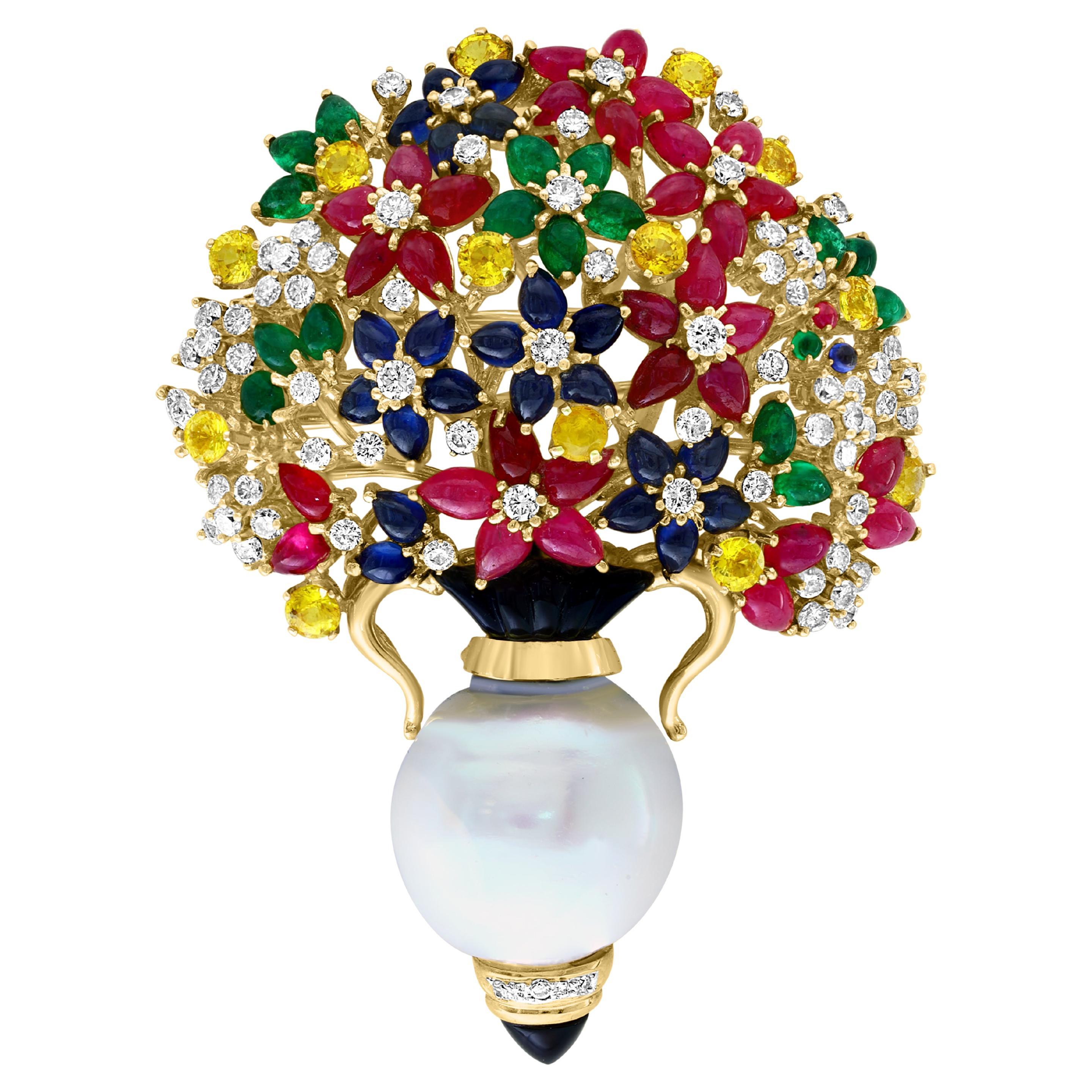 Estate Ruby Sapphire Emerald Diamond & Pearl 18 K Gold Flower Basket Brooch/ pin