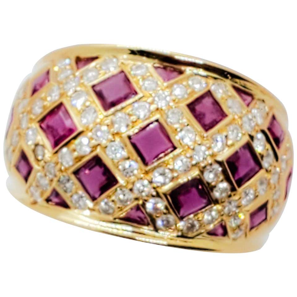 Estate Ruby Square and White Diamond Ring in 18 Karat Yellow Gold For ...