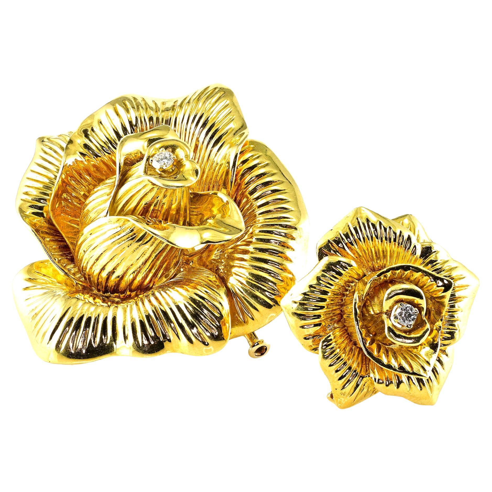 Estate Sabbadini Diamond Roses Twin Brooches 18 KT