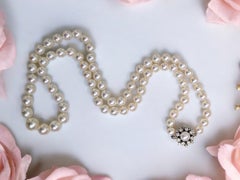 Vintage Jugenstil Estate Saltwater Akoya Pearl 150 Carat Diamond 18K White Gold Necklace