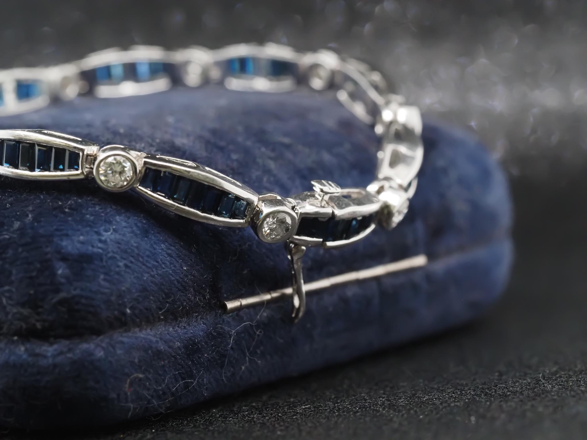 Estate Sapphire and Diamond Bracelet 14K White Gold For Sale 7