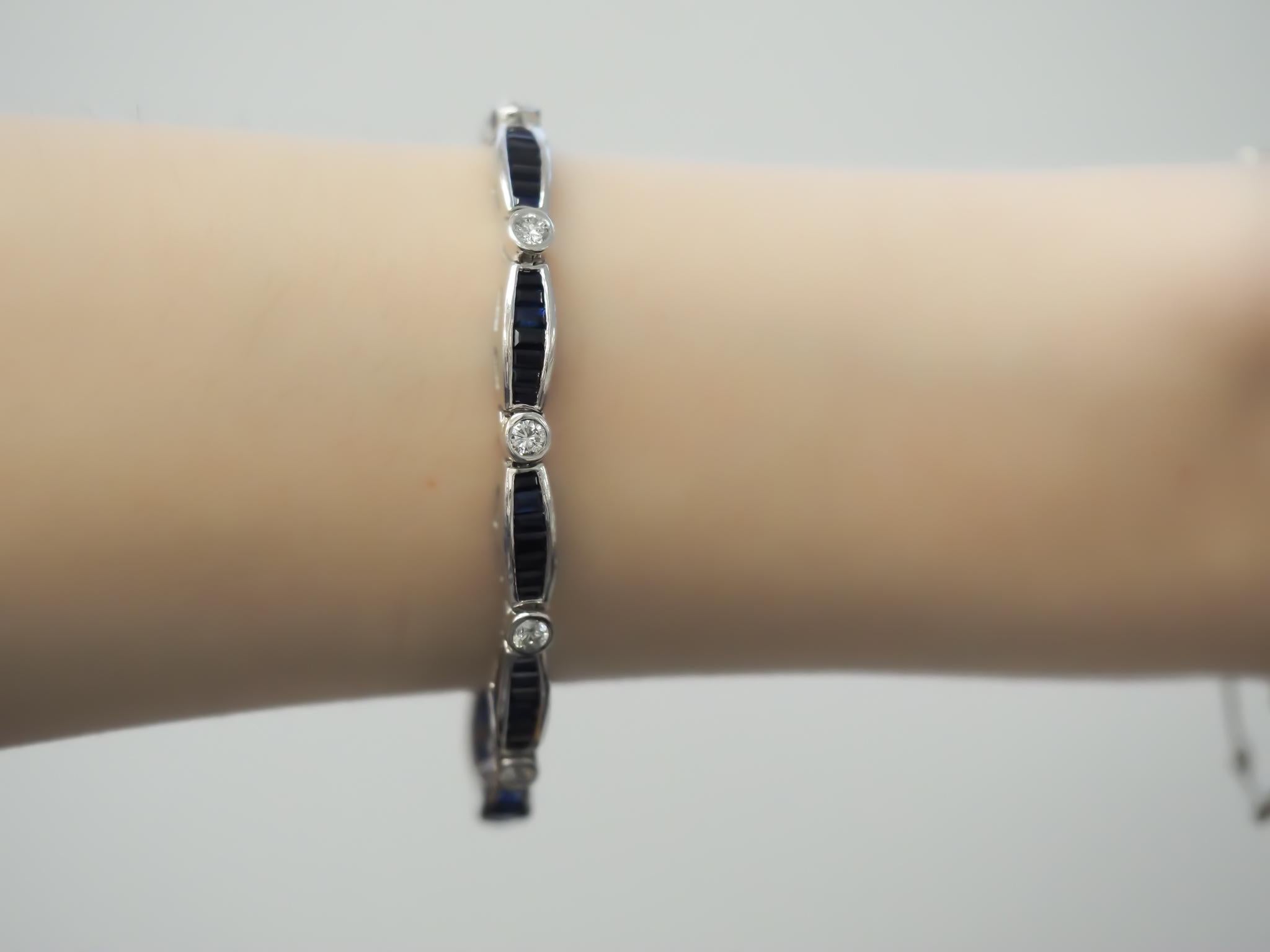 Baguette Cut Estate Sapphire and Diamond Bracelet 14K White Gold For Sale
