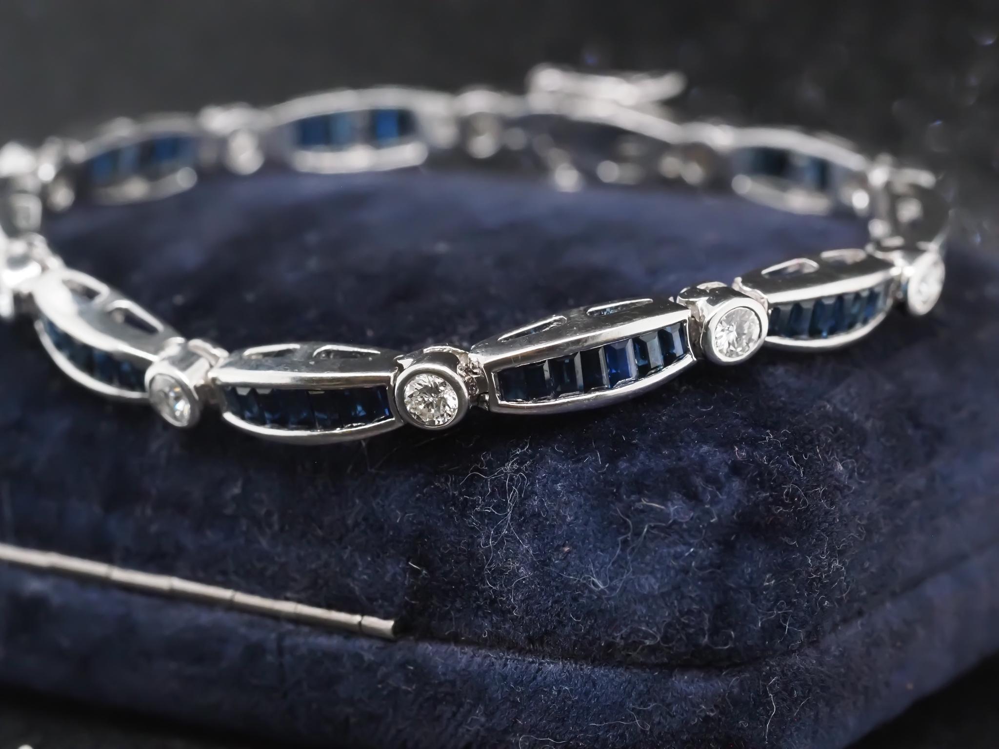 Estate Sapphire and Diamond Bracelet 14K White Gold For Sale 1