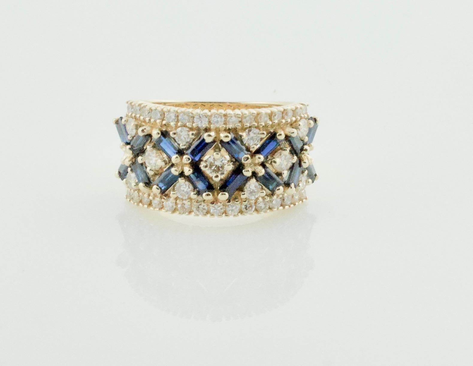 Baguette Cut Estate Sapphire and Diamond Wedding Band in Yellow Gold For Sale
