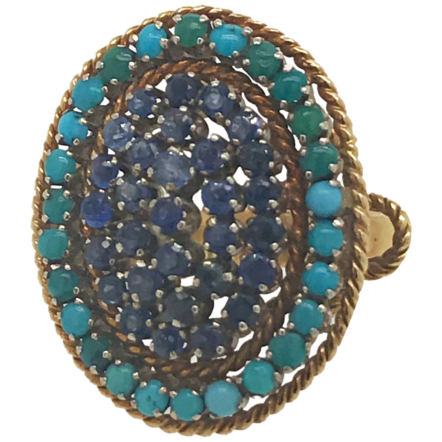 Estate Sapphire and Turquoise Ring Set in 18 Karat Yellow Gold