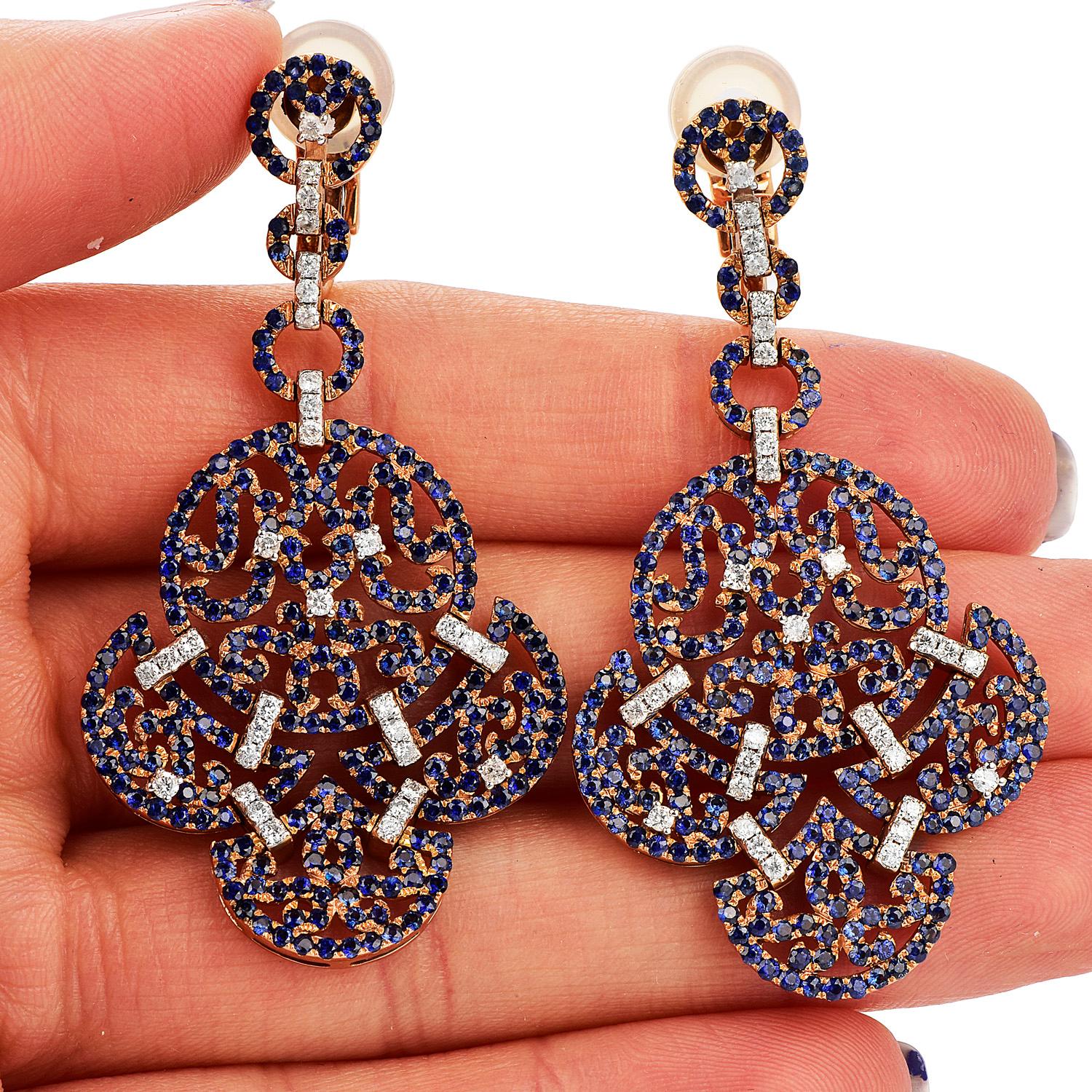 Modern Estate Sapphire Diamond 18K Gold Elegant Dangle Drop Earrings
