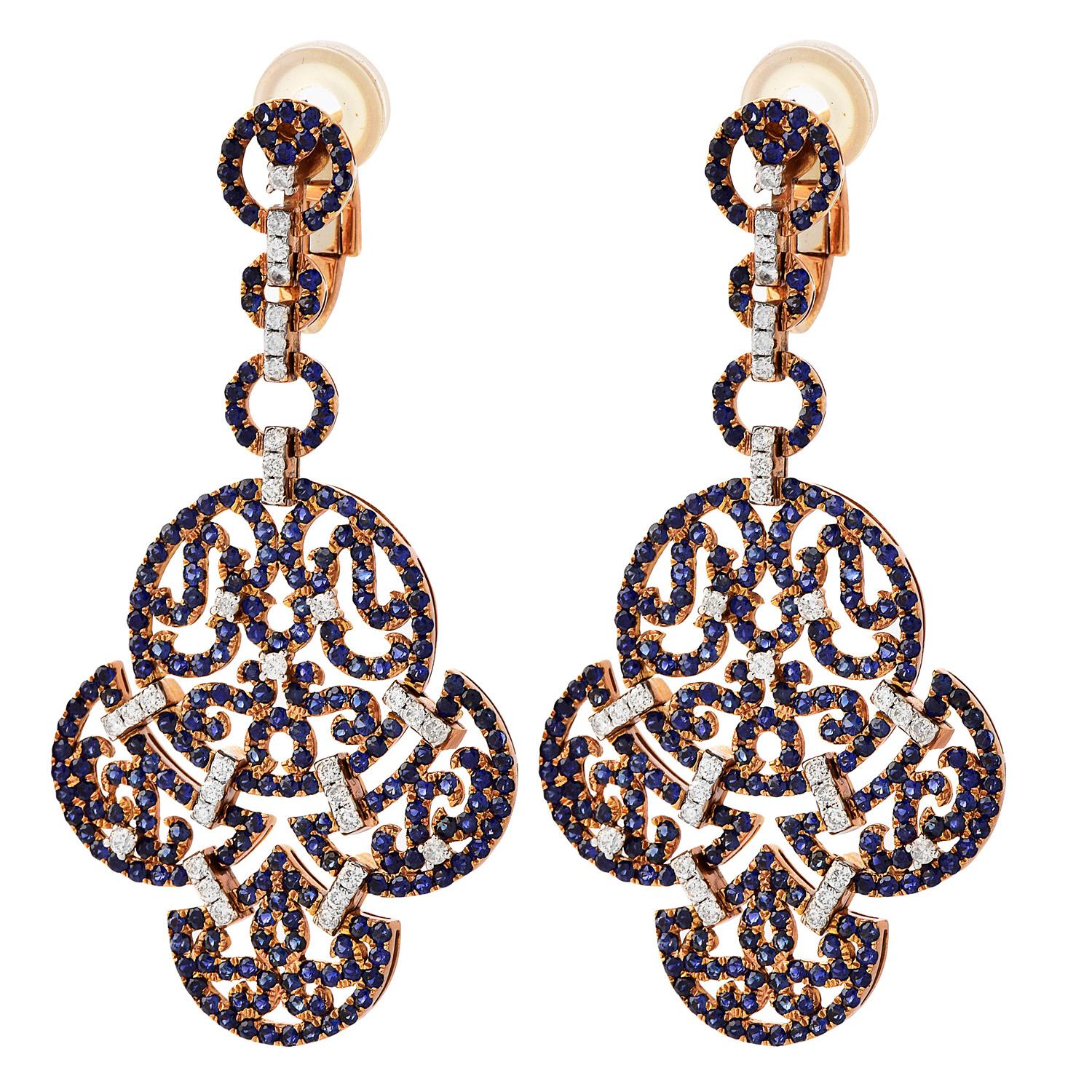 Round Cut Estate Sapphire Diamond 18K Gold Elegant Dangle Drop Earrings