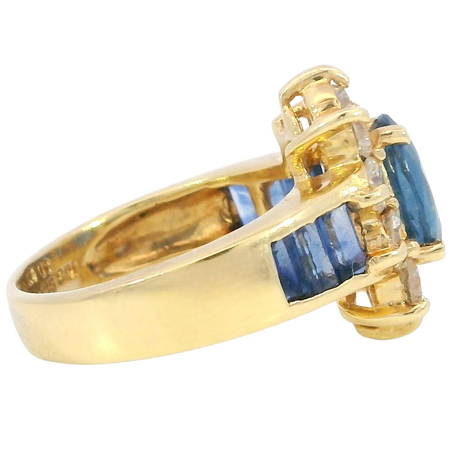 Estate Saphir Diamant Cluster Ring 18K Gelbgold ~3.77ctw Damen im Angebot