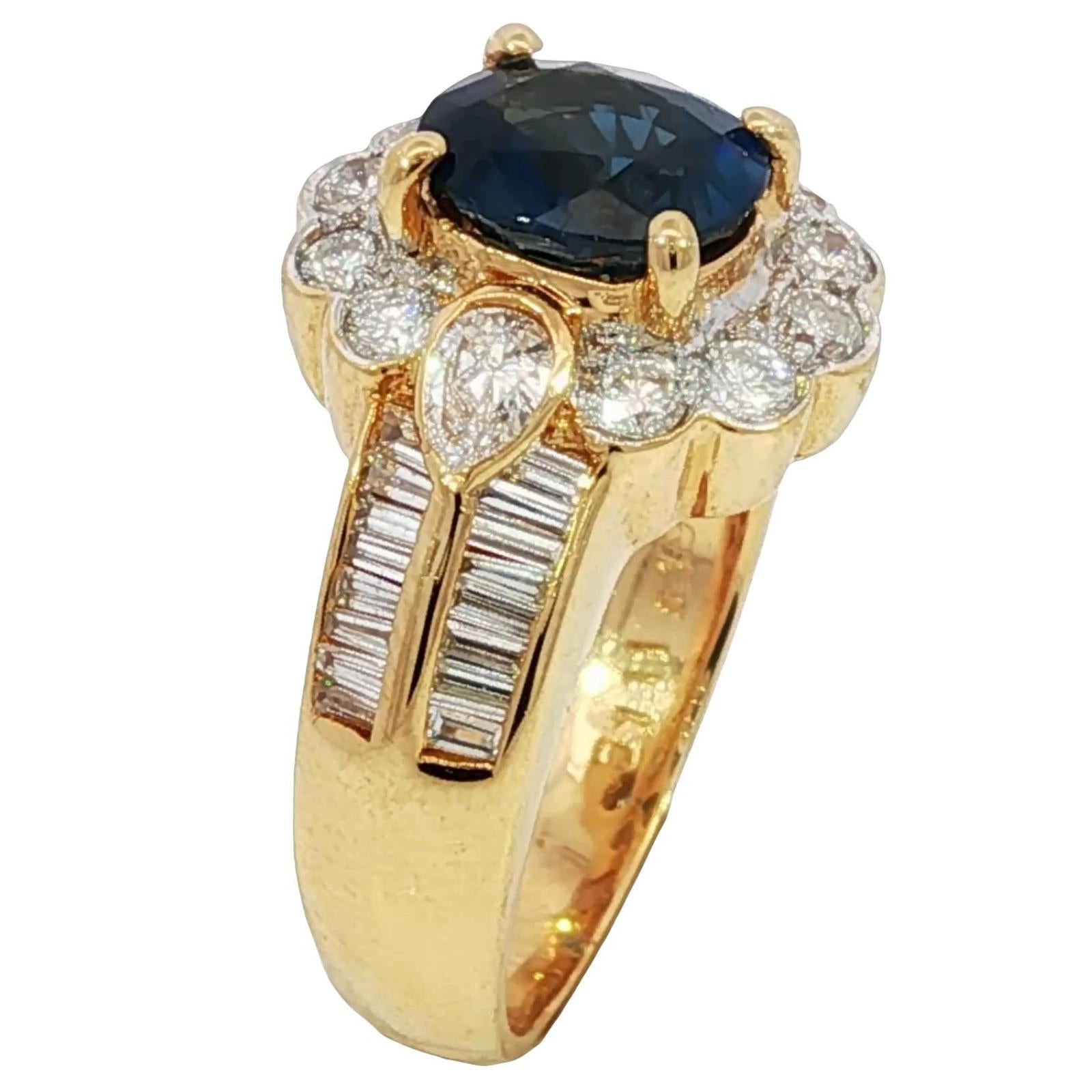 Estate Saphir Diamant Cluster Ring 18K Gelbgold Größe 6,75 ~3,02ctw (Ovalschliff) im Angebot