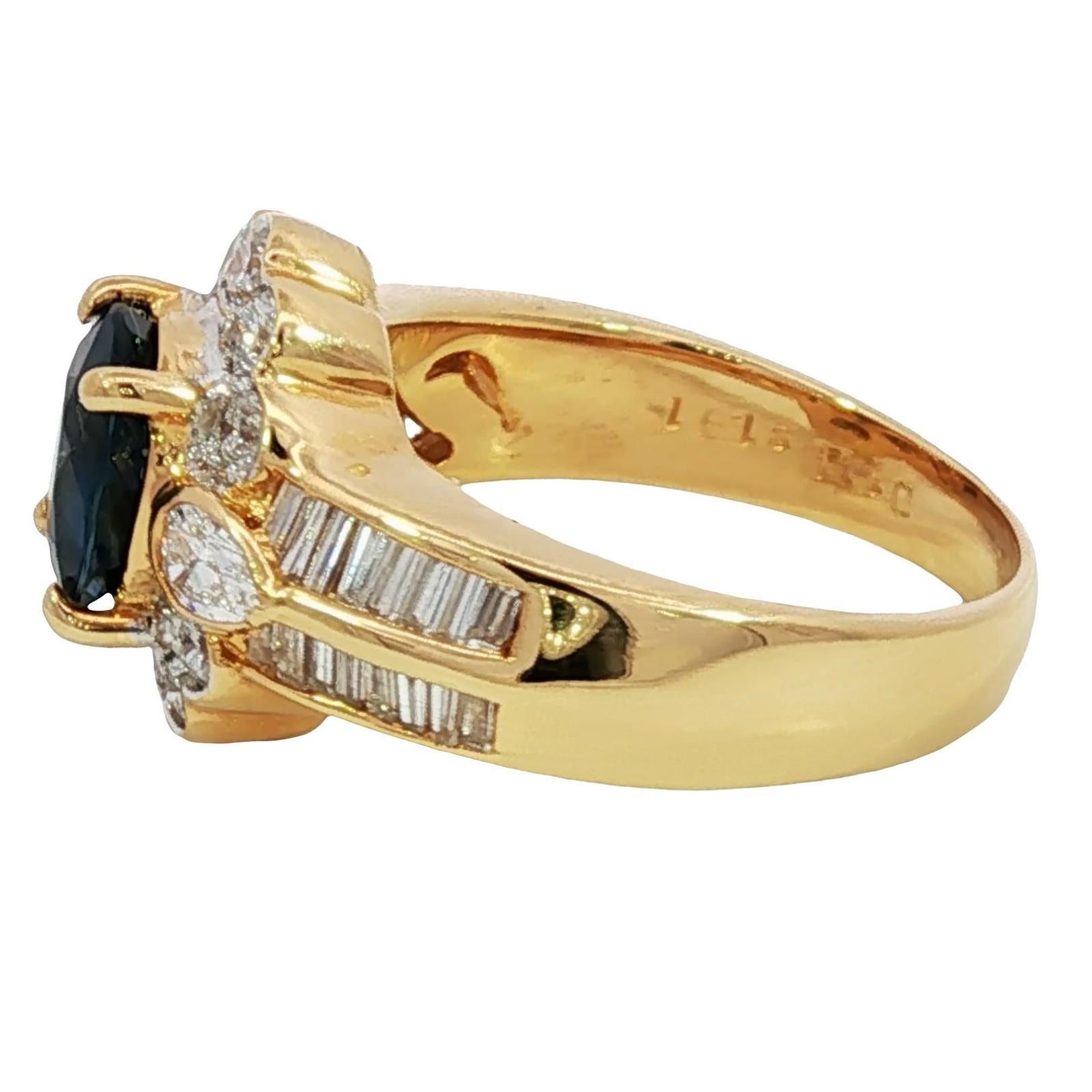 Estate Saphir Diamant Cluster Ring 18K Gelbgold Größe 6,75 ~3,02ctw im Zustand „Hervorragend“ im Angebot in Fairfield, CT