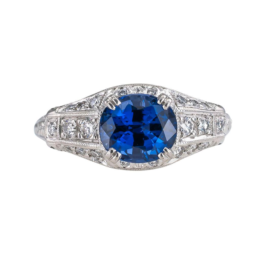 Estate sapphire diamond and platinum engagement ring.   Love it because it caught your eye, and we are here to connect you with beautiful and affordable jewelry.  Simple and concise information you want to know is listed below.  Contact us right