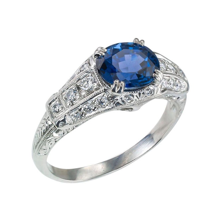 Art Deco Estate Sapphire Diamond Platinum Engagement Ring For Sale