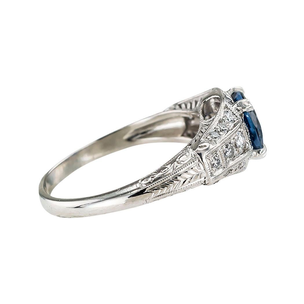 Art Deco Estate Sapphire Diamond Platinum Engagement Ring