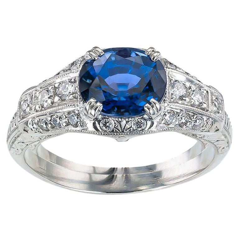 Estate Sapphire Diamond Platinum Engagement Ring For Sale
