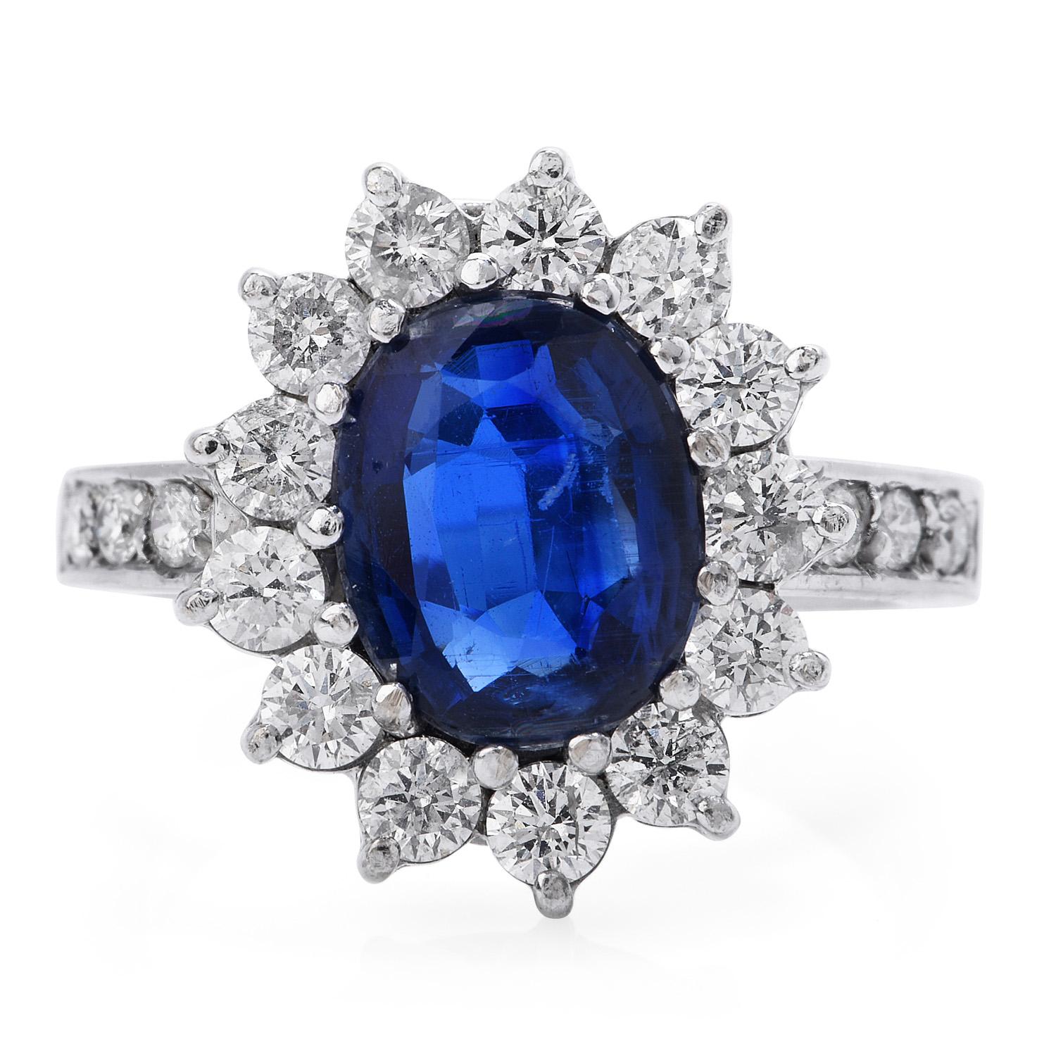 Shining from every angle, this ring is crafted in solid Platinum. It centered with an oval shape genuine sapphire weighing approx. 3.03 carats. It surrounded by a Halo of Flower Petals, with Round Diamonds of 1.44 carats, H-I color &