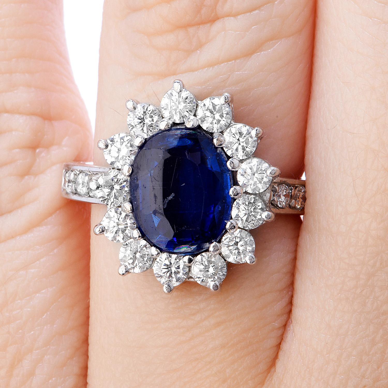 Estate Sapphire Diamond Platinum Flower Cocktail Ring In Excellent Condition In Miami, FL