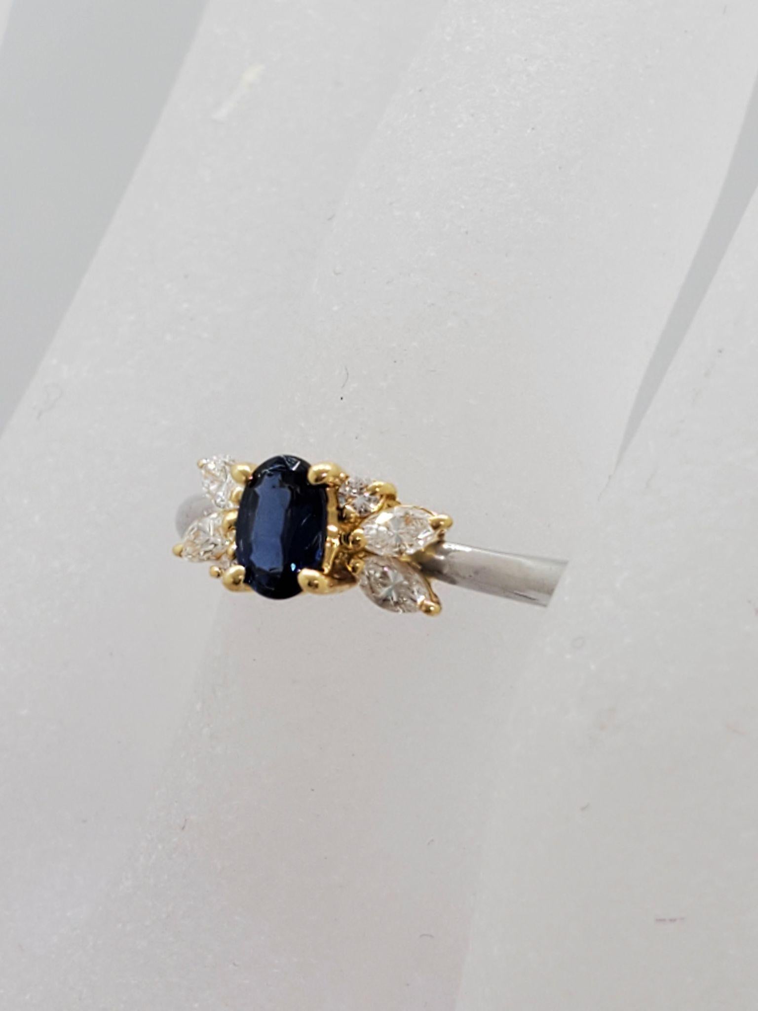  0.47ct Sapphire Oval & 0.27ctw Diamond Marquise & Round Platinum & 18K 2 Tone Gold Ring Approx.Wt. Size 5.25
