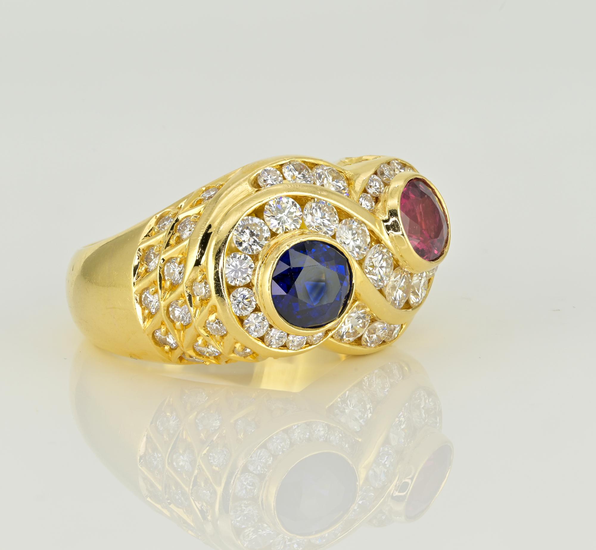 Contemporary Estate Sapphire Ruby Diamond Infinity Ring For Sale