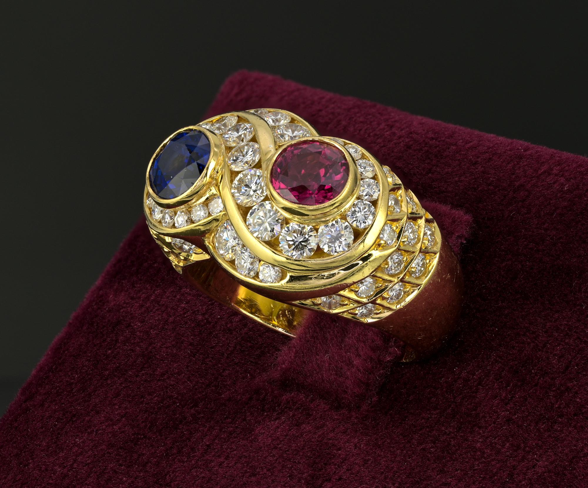 Women's or Men's Estate Sapphire Ruby Diamond Infinity Ring For Sale