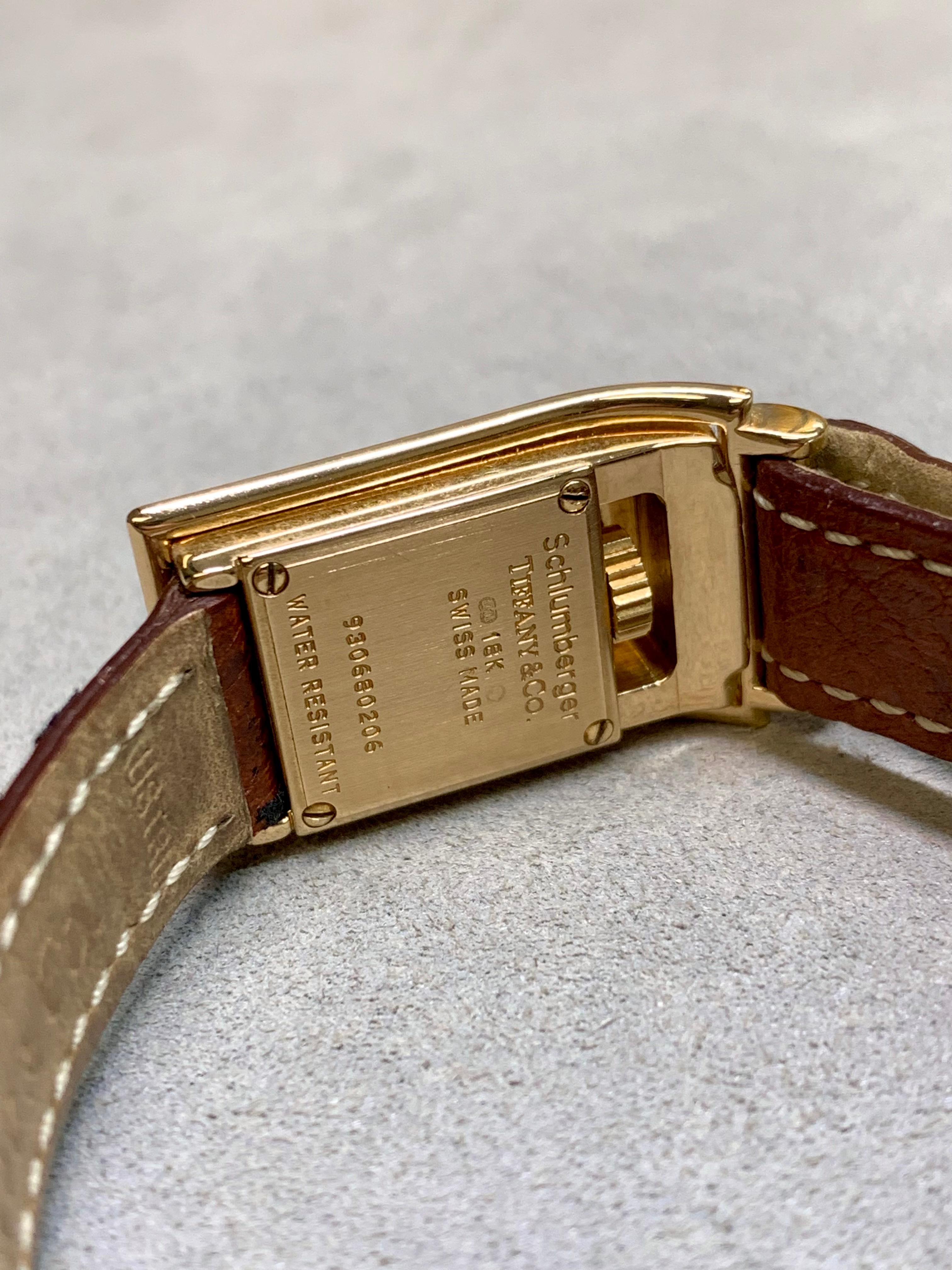 Estate Schlumberger für Tiffany Damen 18K Kleid Uhr auf braunem Lederband im Zustand „Gut“ im Angebot in Winter Springs, FL