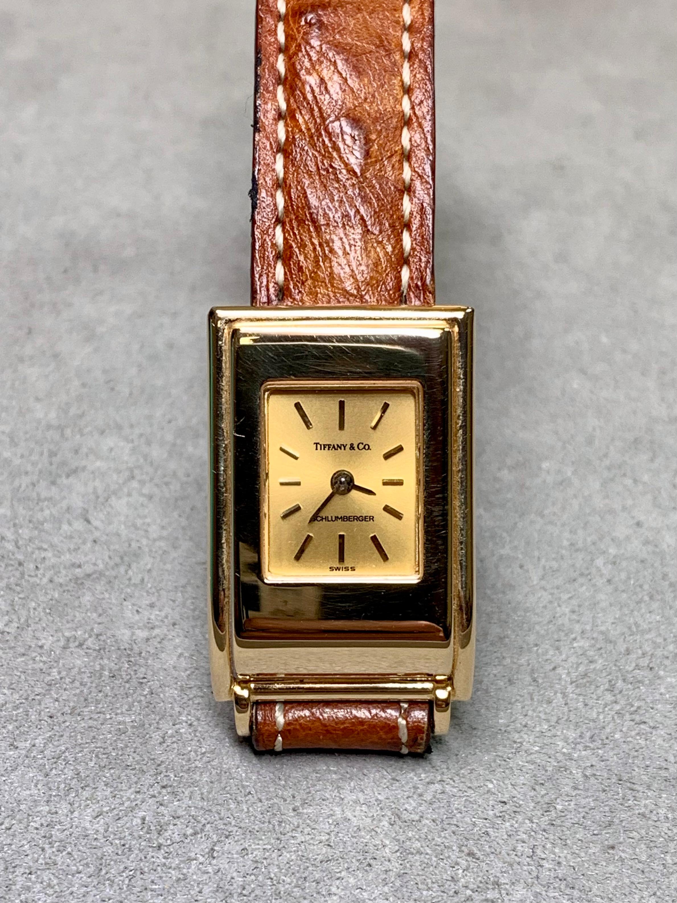 Estate Schlumberger für Tiffany Damen 18K Kleid Uhr auf braunem Lederband im Angebot 3