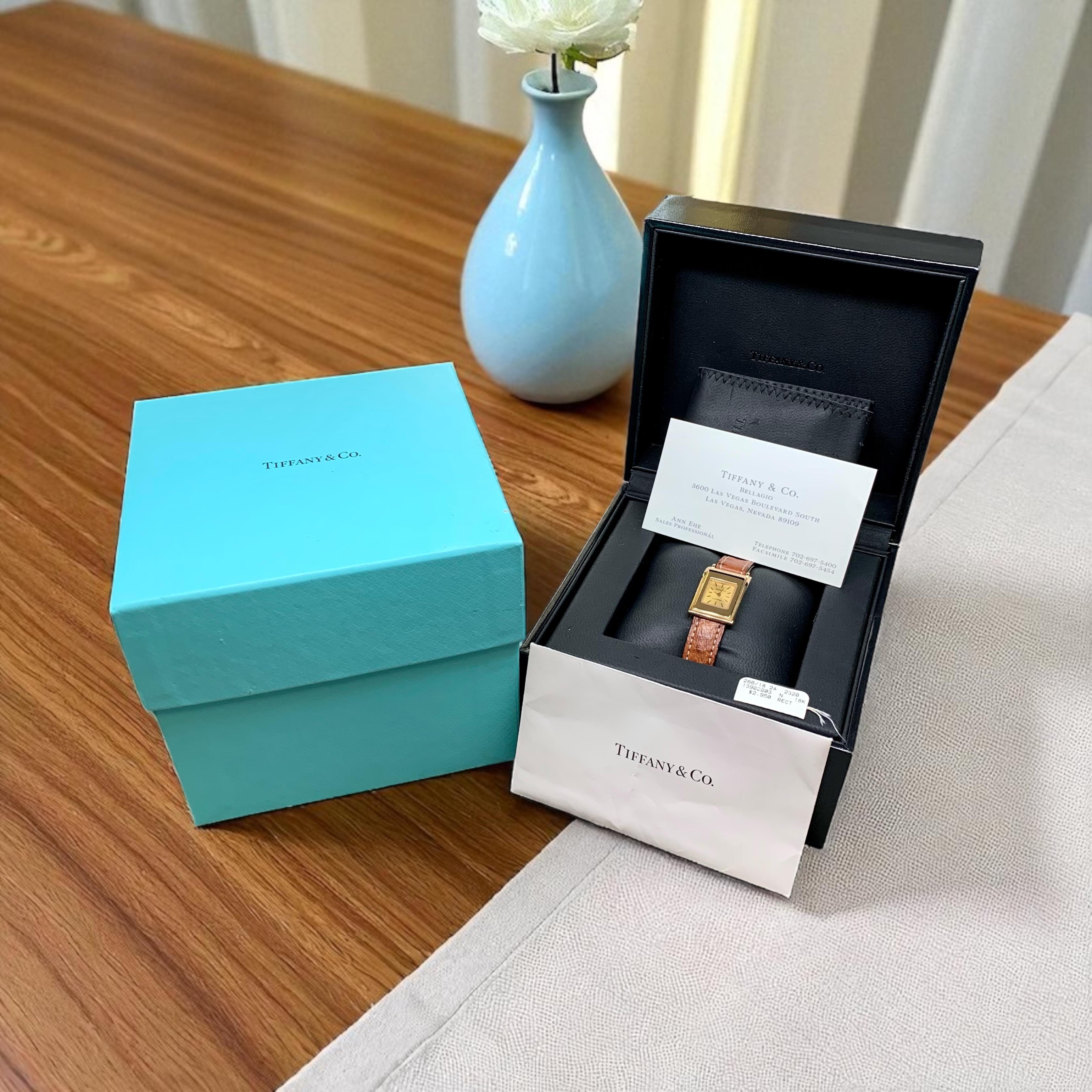 Estate Schlumberger für Tiffany Damen 18K Kleid Uhr auf braunem Lederband im Angebot 4