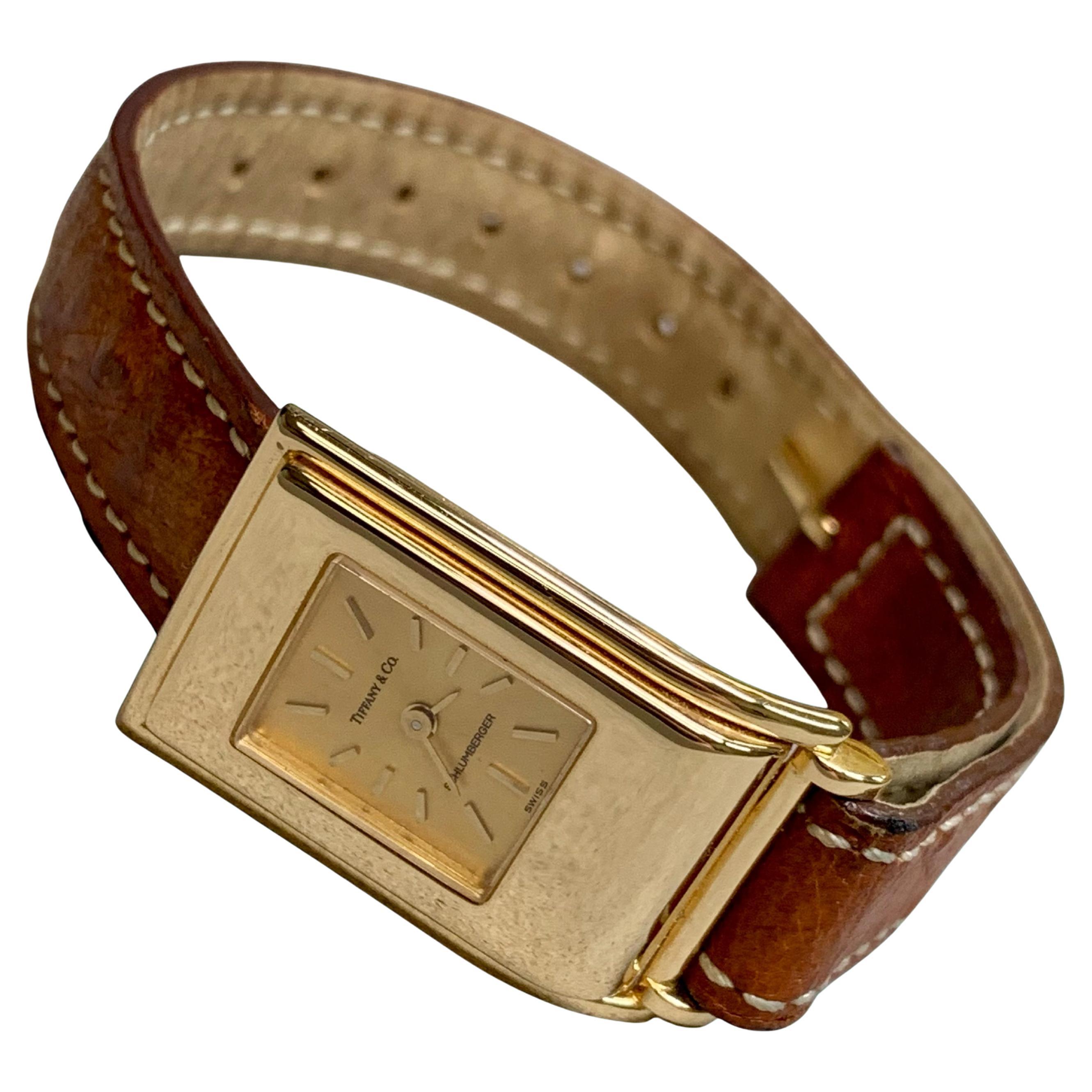 Estate Schlumberger für Tiffany Damen 18K Kleid Uhr auf braunem Lederband im Angebot