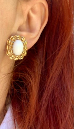 Estate Seaman Schepps Lightship 18K Yellow Gold White Agate Earrings