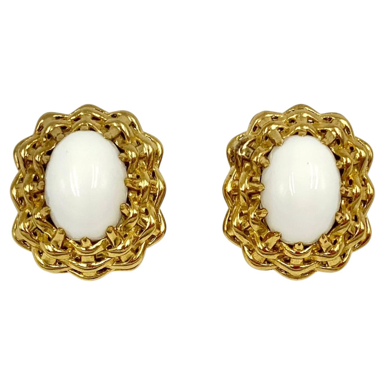 Boucles d'oreilles Seaman Schepps Lightship en or jaune 18 carats et agate blanche