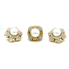 Estate Set of Pearl and Diamond Ring and Earrings Starburst 18k Yellow Gold