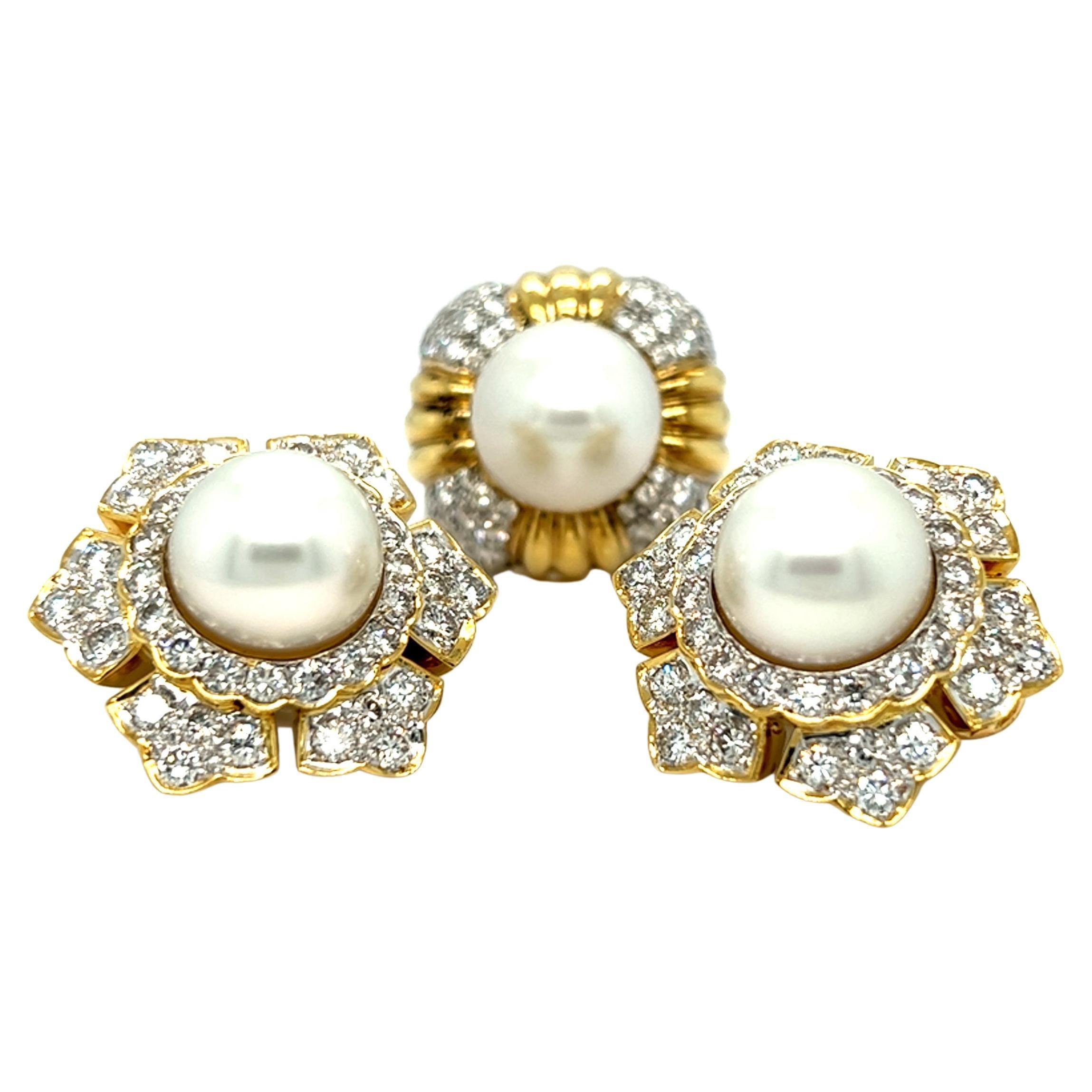 Estate Set of Pearl and Diamond Ring and Earrings Starburst 18k Yellow Gold For Sale