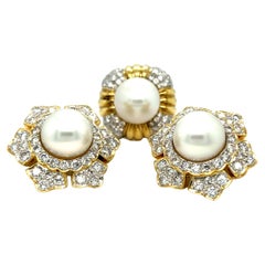Estate Set of Pearl and Diamond Ring and Earrings Starburst 18k Yellow Gold