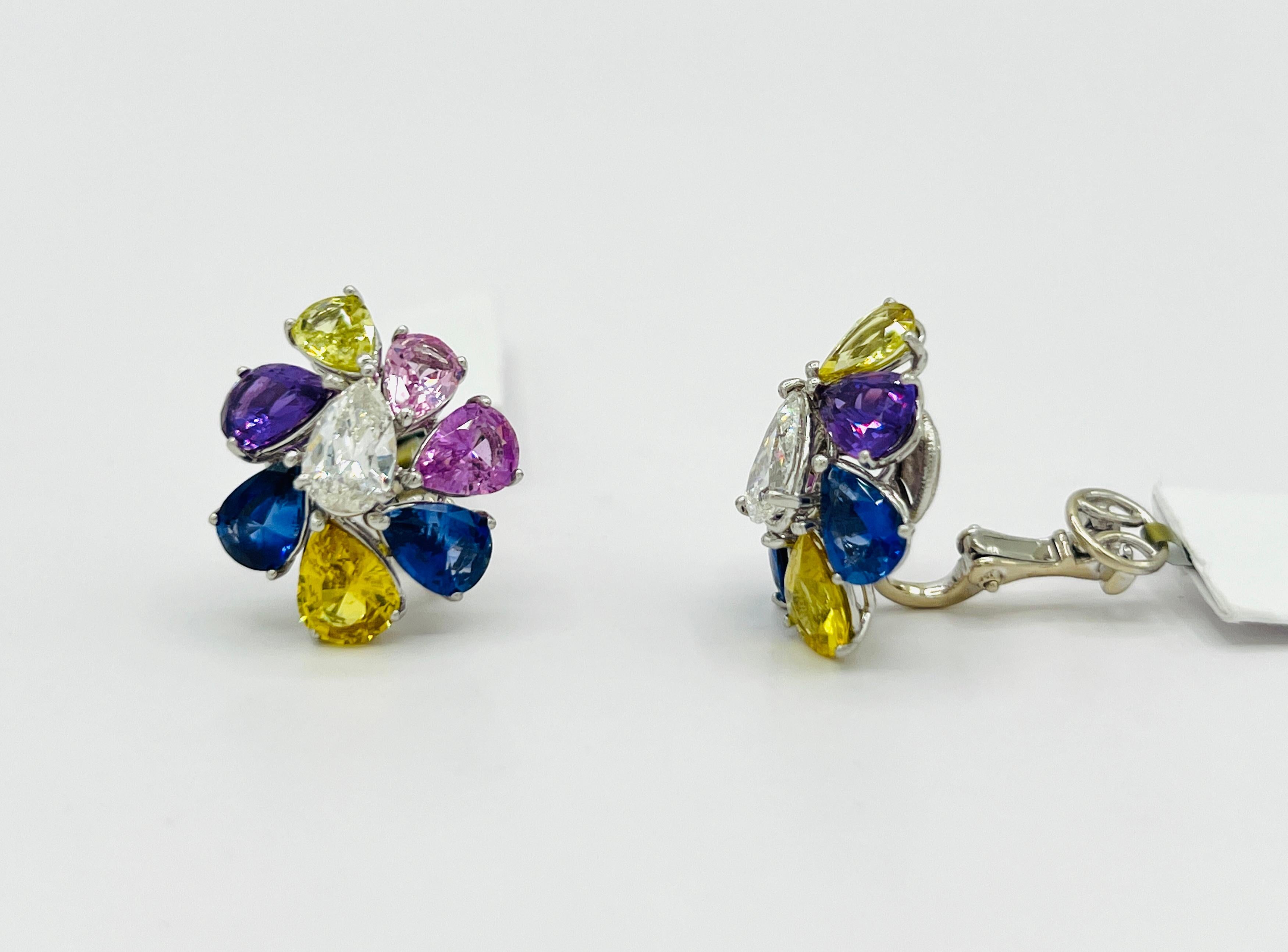Women's or Men's Estate Shreve, Crump & Low Multi-Color Pear Cut Sapphire and Diamond Earrings